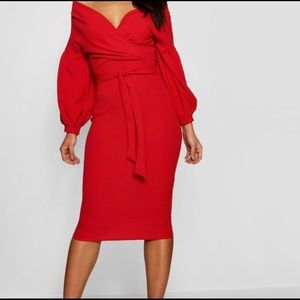 Off the Shoulder Wrap Midi Dress